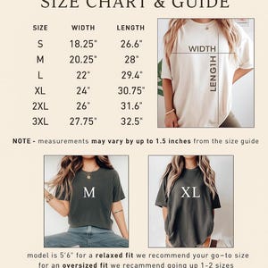 May include: Size chart and guide for t-shirts, with measurements in inches. Includes sizes S to 3XL, with width ranging from 18.25" to 27.75" and length from 26.6" to 32.5". The chart also shows how the shirt fits.