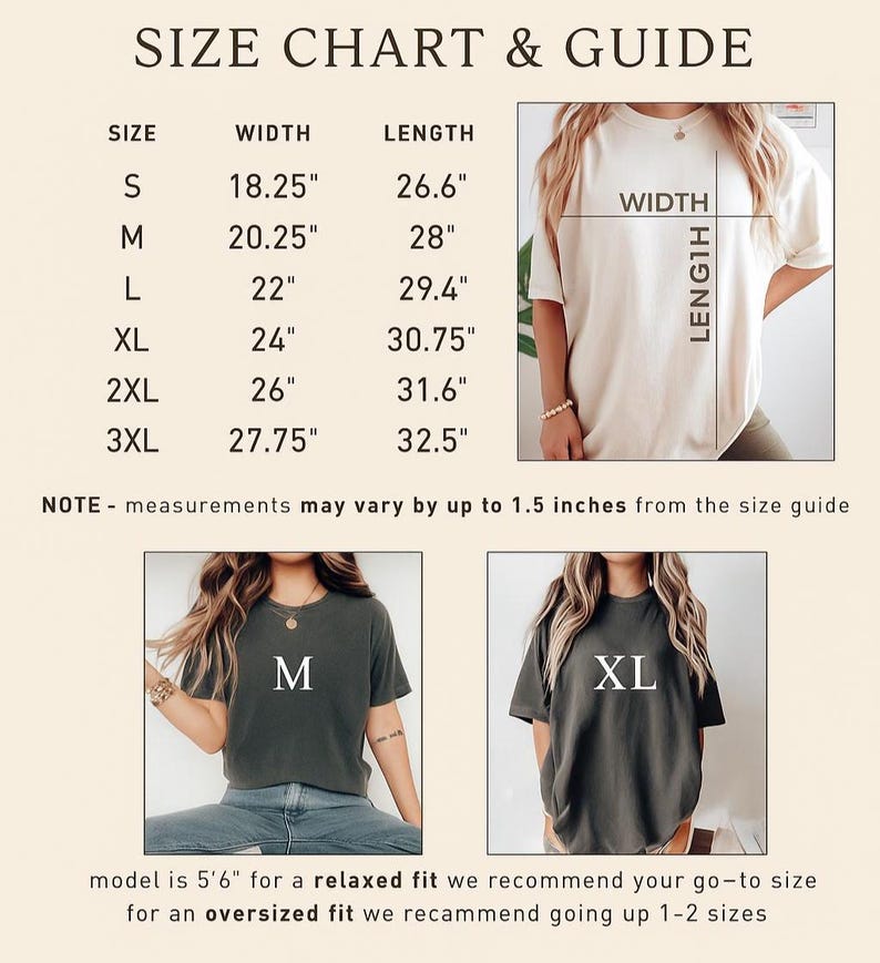 May include: Size chart and guide for t-shirts, with measurements in inches. Includes sizes S to 3XL, with width ranging from 18.25" to 27.75" and length from 26.6" to 32.5". The chart also shows how the shirt fits.
