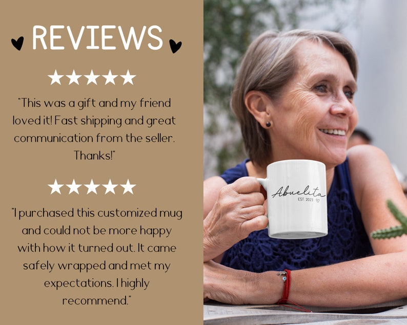 May include: A white ceramic mug with the text "Abuelita EST 2021" in black script. A person is holding the mug and smiling.