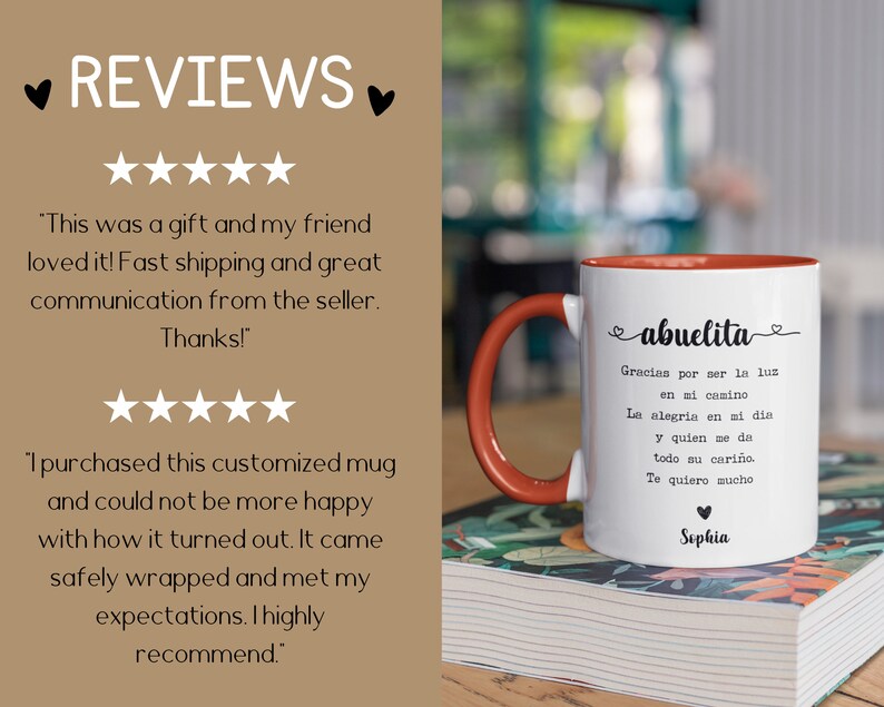 Pode incluir: Caneca de cer&acirc;mica branca com interior e al&ccedil;a vermelhos. A caneca apresenta a palavra "abuelita" em escrita cursiva, juntamente com um poema em espanhol e o nome "Sophia". A caneca est&aacute; em um livro.