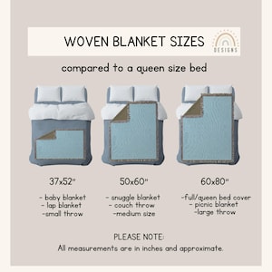 May include: Image showing woven blanket sizes compared to a queen size bed. The image displays three blankets: 37x52 inches, 50x60 inches, and 60x80 inches. The text indicates these sizes are baby, snuggle, and full/queen bed cover sizes, respectively. The image includes the text "PLEASE NOTE: All measurements are in inches and approximate."