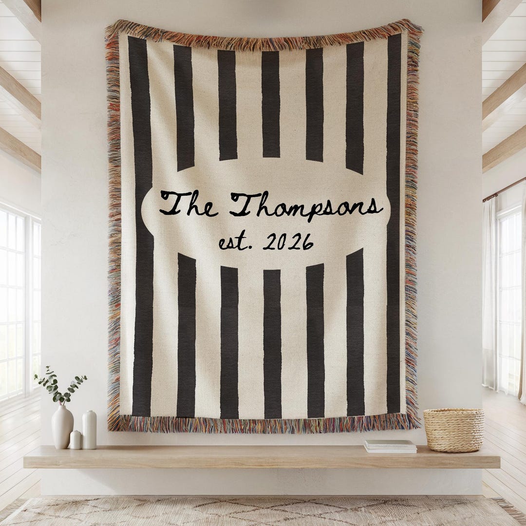 Personalized Family Name Woven Blanket, Custom Throw With Last Name and Est Year, Wedding Gift For Couple, Cotton Anniversary Gift