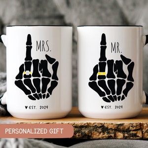 Funny Mr And Mrs Mug,Bride Skeleton Hand, Engagement Gift, Couple Coffee Mug Set, Goth Bride Gift,Skeleton Wedding, Halloween Wedding