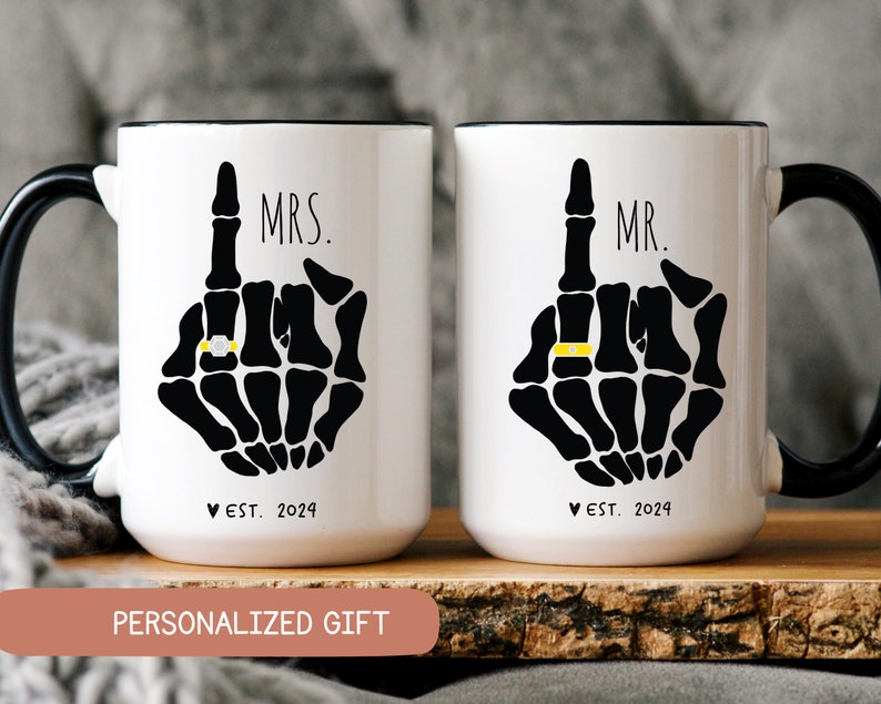 Funny Mr And Mrs Mug,Bride Skeleton Hand, Engagement Gift, Couple Coffee Mug Set, Goth Bride Gift,Skeleton Wedding, Halloween Wedding