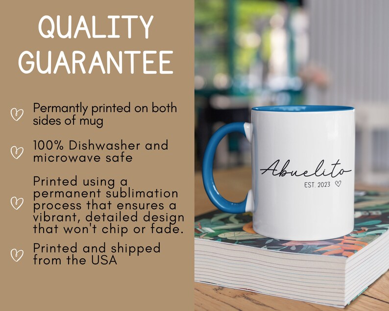 May include: White ceramic mug with a blue rim and handle. The mug has the text "Abuelito EST. 2023" printed on it in black cursive font. The mug is sitting on a stack of books with a floral pattern.