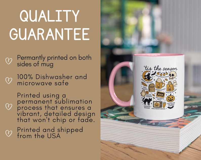 May include: White ceramic mug with a pink interior and handle, featuring a Halloween design and the text "'tis the season". The design includes a witch, skull, pumpkin, and other spooky elements.