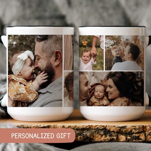 May include: White ceramic mug with a black handle and a collage of four photos. The photos show a father and daughter, a father and son, a mother and son, and a couple. The mug is a personalized gift.