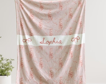 Custom Ballerina Fleece Blanket with Name, Personalized Ballet Blanket for Girls, Dance Gift, Pink Ballet Dancer Throw, Custom Kids Blanket