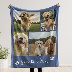 May include: A blue fleece blanket featuring four photos of golden retrievers. The blanket has a blue border and the text "Your text Here" in white, along with paw prints. The photos show the dogs in various poses.