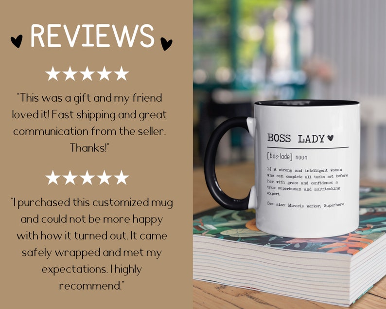 May include: White ceramic mug with a black handle. The mug has black text that reads "BOSS LADY [bos-lade] noun 1) A strong and intelligent woman who can complete all tasks set before her with grace and confidence. A true superhuman and multitasking expert. See also: Miracle worker, Superhero."