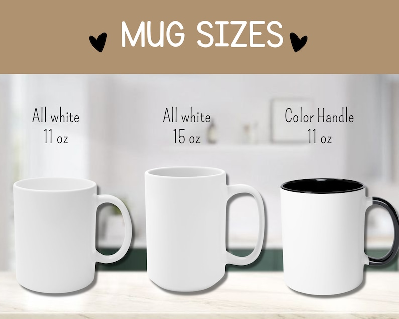 May include: Three white ceramic mugs with different sizes and styles. The mug on the left is 11 oz and all white. The middle mug is 15 oz and all white. The mug on the right is 11 oz with a color handle.