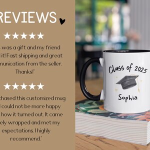May include: White ceramic mug with a black rim and handle. The mug features a black and white illustration of a graduation cap with the text "Class of 2025" and the name "Sophia".