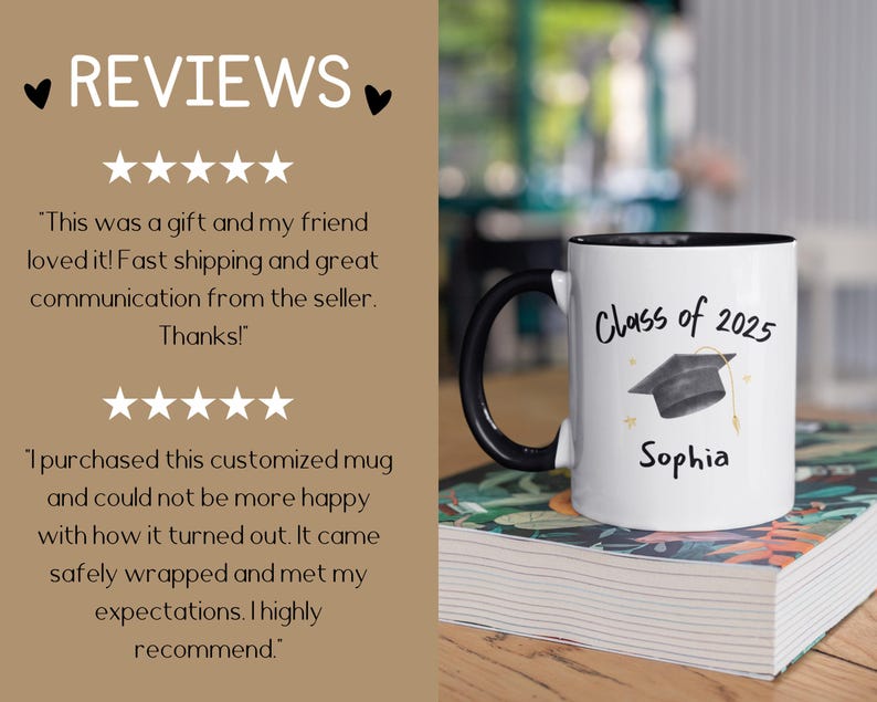 May include: White ceramic mug with a black rim and handle. The mug features a black and white illustration of a graduation cap with the text "Class of 2025" and the name "Sophia".