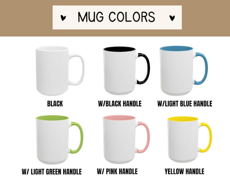 K&ouml;nnte beinhalten: Eine Sammlung wei&szlig;er Keramikbecher mit verschiedenen Griff- und Innenfarben. Das Bild zeigt Becher mit schwarzen, hellblauen, hellgr&uuml;nen, rosa und gelben Griffen sowie einem schwarzen Innenraum. Der Text "MUG COLORS" steht oben.