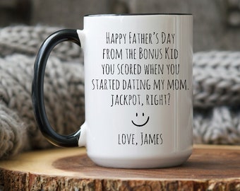 Custom Happy Fathers Day From Bonus Kid, Personalized Stepdad Mug, Funny Stepdad Gift, Step Dad Wife Mug, Funny Stepfather Father&#39;s Day Gift