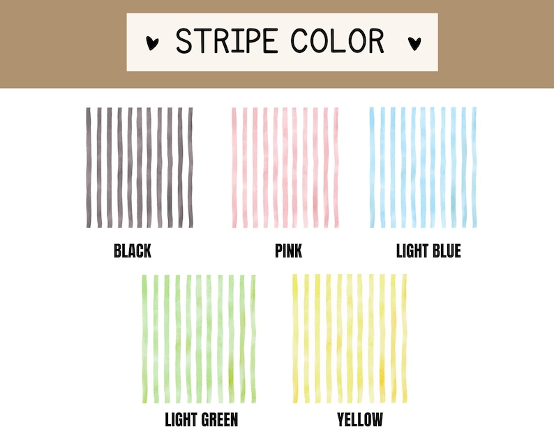 K&ouml;nnte beinhalten: Grafik mit Streifenfarboptionen: Schwarz, Rosa, Hellblau, Hellgr&uuml;n und Gelb. Jede Farbe wird durch ein vertikales Streifenmuster dargestellt. Der Text "STRIPE COLOR" befindet sich oben.