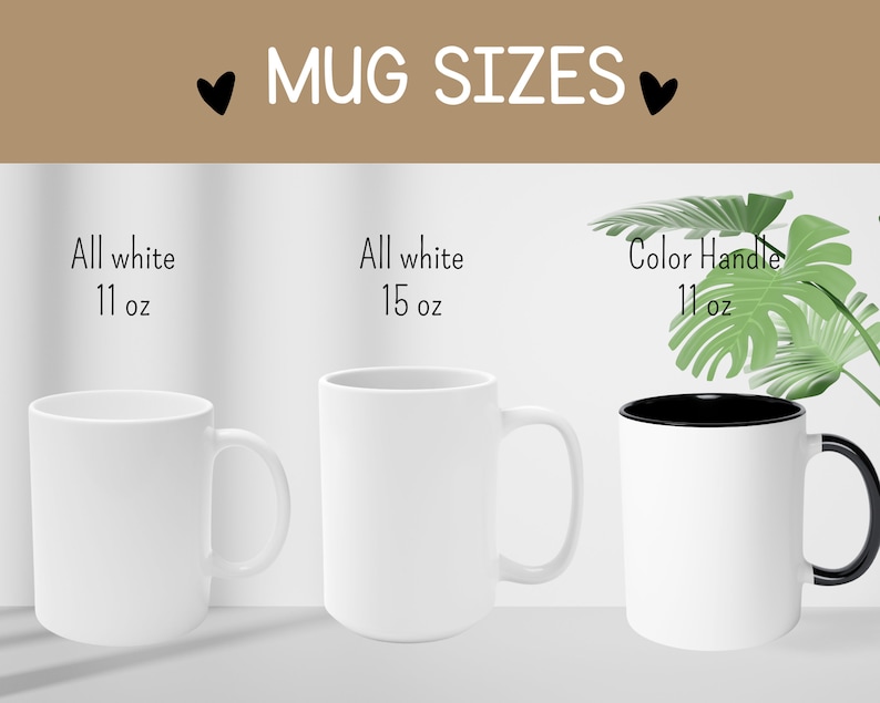 May include: Three white ceramic mugs with different sizes and styles. The mugs are 11 oz and 15 oz. One mug has a black rim and handle.  Mug Sizes.