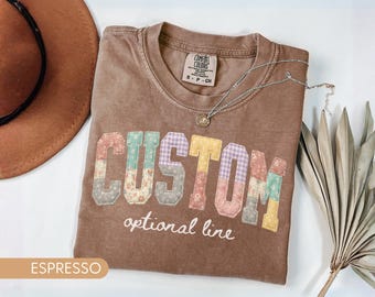 Comfort Colors® Floral Custom Text Shirt, Personalized Faux Patchwork Name Tee, Personalized Mama Shirt, Kids Name Tee,Birthday Gift For Her