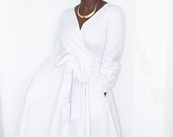 White Midi Length Wrap Dress with Pockets and a Tie Waistband. Elegant White Dress. Bubble Sleeve Dress. Summer Wrap Dress