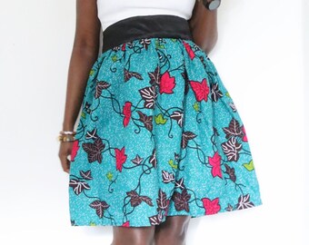 African Print Mini Skirt with Contrast Satin Half Elastic Waistband. Ankara Mini Skirt. Gathered Waist Skirt with Black Waistband.