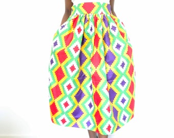 African Print Midi Full Skirt with Elastic back Waistband. High Waist Kente Skirt with Pockets. Geometric Print Midi Length Skirt.
