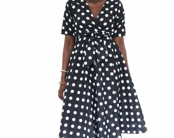 Polka Dot Wrap Dress. Black and White Wrap Dress in a Midi Length with Short Sleeves. Lightweight Cotton Dress with Tie Waist.