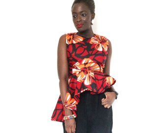 Asymmetrical peplum top. Floral print top. African Print Sleeveless blouse. African Print Top