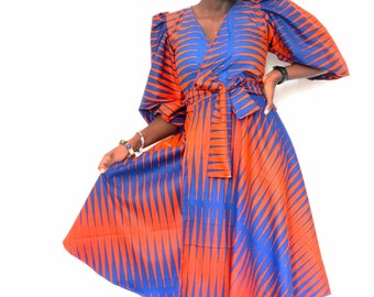 African Print Cotton Wrap Dress. Midi length Wrap Dress with Bubble Sleeves. Puff Sleeve Ankara Dress. Wrap Dress with Tie Waist Belt