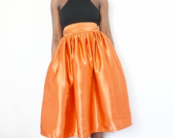 Satin Midi Skirt With Pockets. Burnt Orange Skirt. Gathered Waist Skirt. Formal Midi Length Ball Skirt. Rust Orange Handmade Skirt