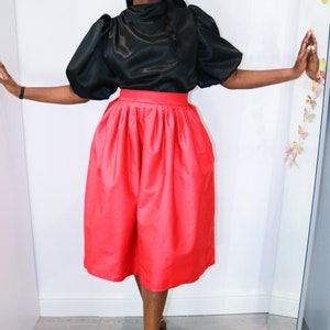 Calf Length Full Skirt with Pockets. High Waisted Red Full skirt with Pockets. Pleated Waist Midi Swing Skirt. image 8
