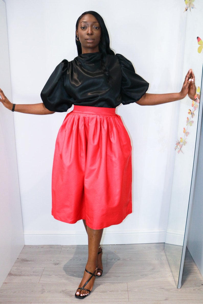 Calf Length Full Skirt with Pockets. High Waisted Red Full skirt with Pockets. Pleated Waist Midi Swing Skirt. image 8