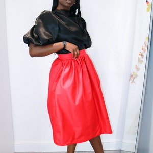 Calf Length Full Skirt with Pockets. High Waisted Red Full skirt with Pockets. Pleated Waist Midi Swing Skirt. image 6