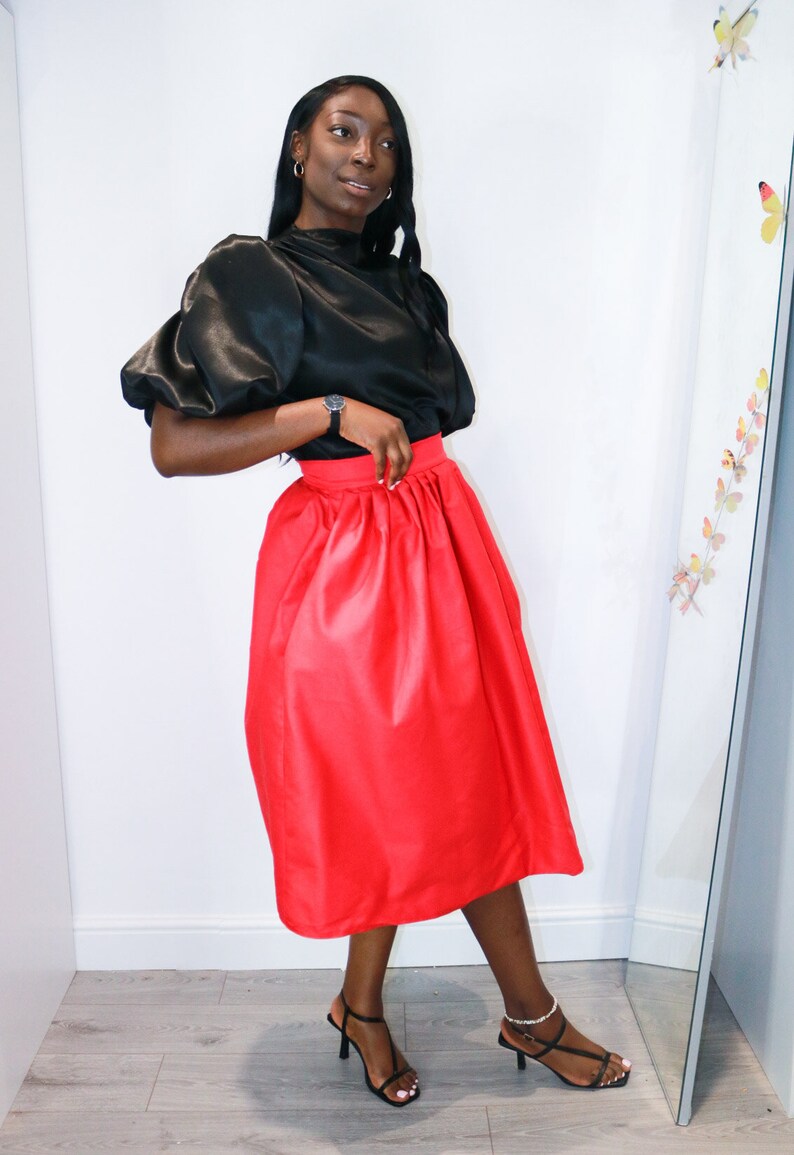 Calf Length Full Skirt with Pockets. High Waisted Red Full skirt with Pockets. Pleated Waist Midi Swing Skirt. image 6
