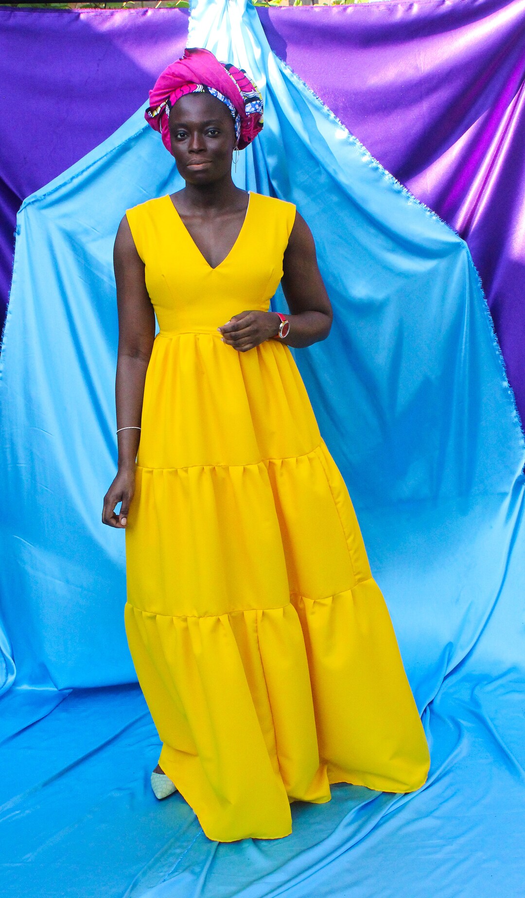 V Neck Tiered Maxi Dress in a Sunshine Yellow Colour. Summer Maxi Dress ...