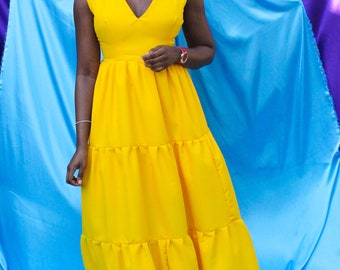 V neck Tiered Maxi Dress in a Sunshine Yellow Colour. Summer Maxi Dress. Tiered Skirt Dress. Flowy Summer Dress