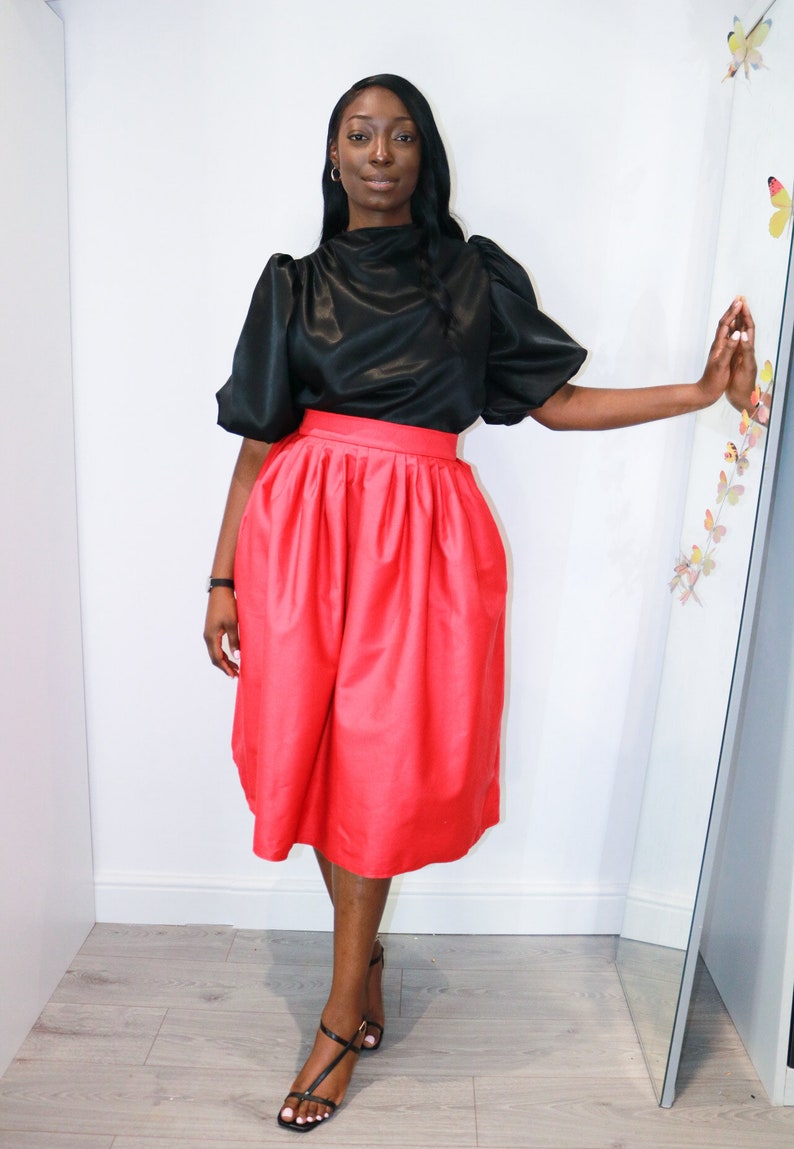 Calf Length Full Skirt with Pockets. High Waisted Red Full skirt with Pockets. Pleated Waist Midi Swing Skirt. image 3