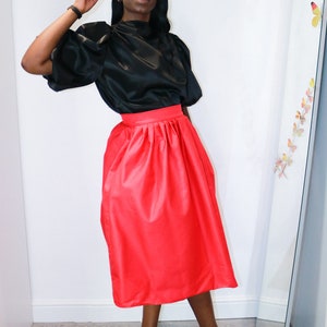 Calf Length Full Skirt with Pockets. High Waisted Red Full skirt with Pockets. Pleated Waist Midi Swing Skirt. image 5