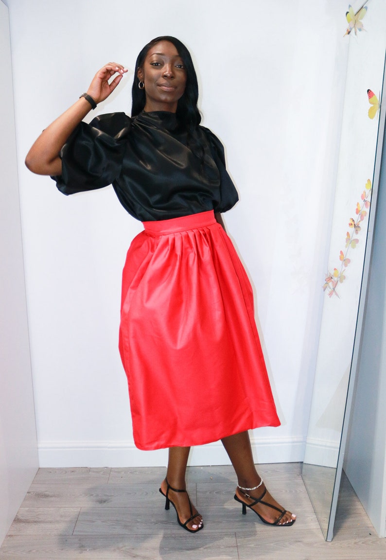 Calf Length Full Skirt with Pockets. High Waisted Red Full skirt with Pockets. Pleated Waist Midi Swing Skirt. image 5