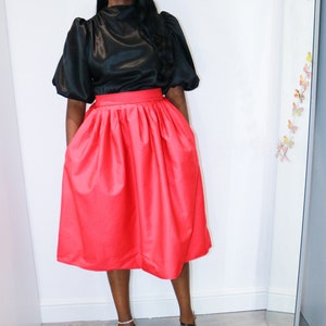 Calf Length Full Skirt with Pockets. High Waisted Red Full skirt with Pockets. Pleated Waist Midi Swing Skirt. image 1