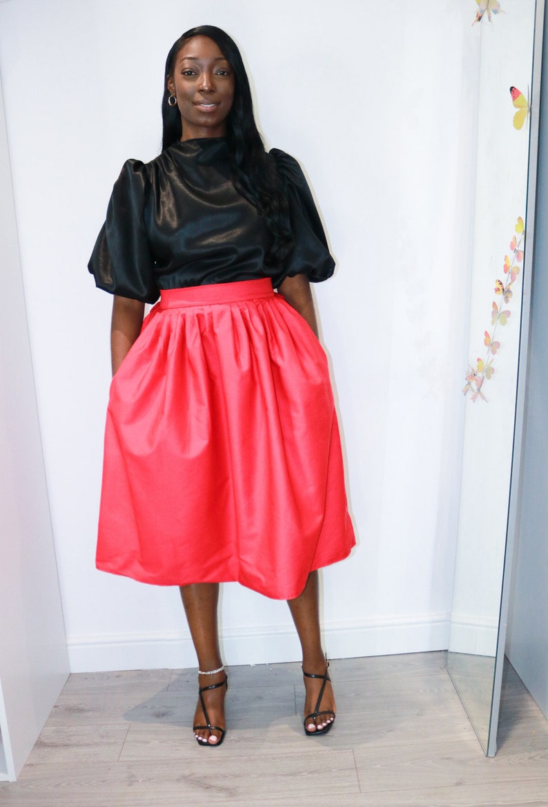 Calf Length Full Skirt with Pockets. High Waisted Red Full skirt with Pockets. Pleated Waist Midi Swing Skirt. image 1