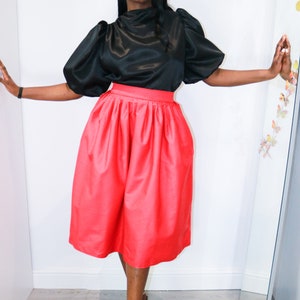 Calf Length Full Skirt with Pockets. High Waisted Red Full skirt with Pockets. Pleated Waist Midi Swing Skirt. image 4