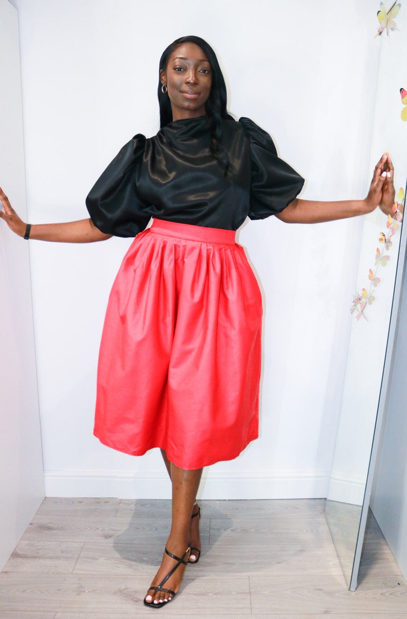 Calf Length Full Skirt with Pockets. High Waisted Red Full skirt with Pockets. Pleated Waist Midi Swing Skirt. image 4