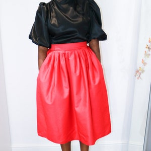 Calf Length Full Skirt with Pockets. High Waisted Red Full skirt with Pockets. Pleated Waist Midi Swing Skirt. image 7