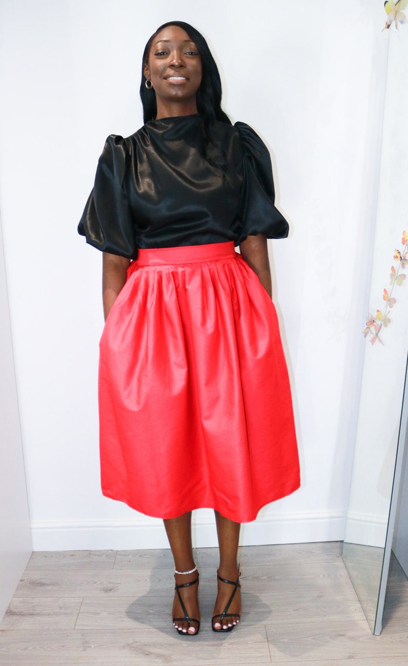 Calf Length Full Skirt with Pockets. High Waisted Red Full skirt with Pockets. Pleated Waist Midi Swing Skirt. image 7