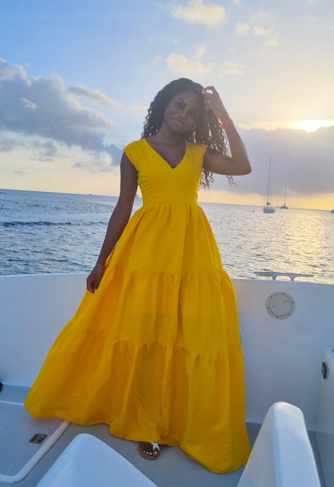 V Neck Tiered Maxi Dress in a Sunshine Yellow Colour. Summer Maxi Dress ...