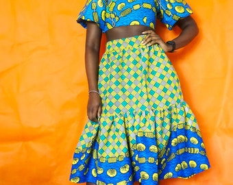 Two piece African print set. Summer Co-ords. Crop Top and Matching Full Midi Skirt Set. Ankara Puff Sleeve Crop Top and Skirt Set