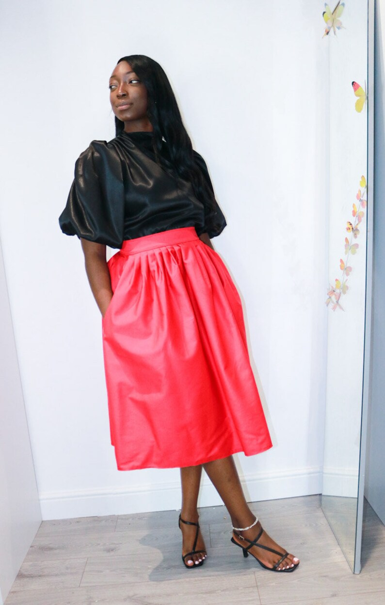 Calf Length Full Skirt with Pockets. High Waisted Red Full skirt with Pockets. Pleated Waist Midi Swing Skirt. image 2