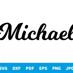 May include: A black and white graphic design of the name Michael in a cursive font.