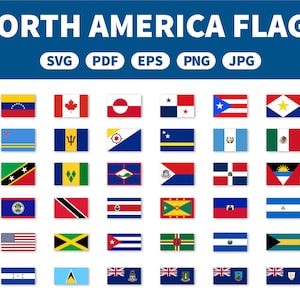 May include: A collection of 36 flags representing countries and territories in North America. The flags are arranged in a grid pattern on a white background. The flags are all rectangular and have a variety of colours and designs.
