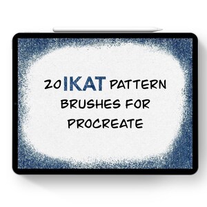 Puede incluir: Una pantalla de tableta blanca con un borde azul. La pantalla muestra el texto "20 Ikat Pattern Brushes for Procreate" en negro.